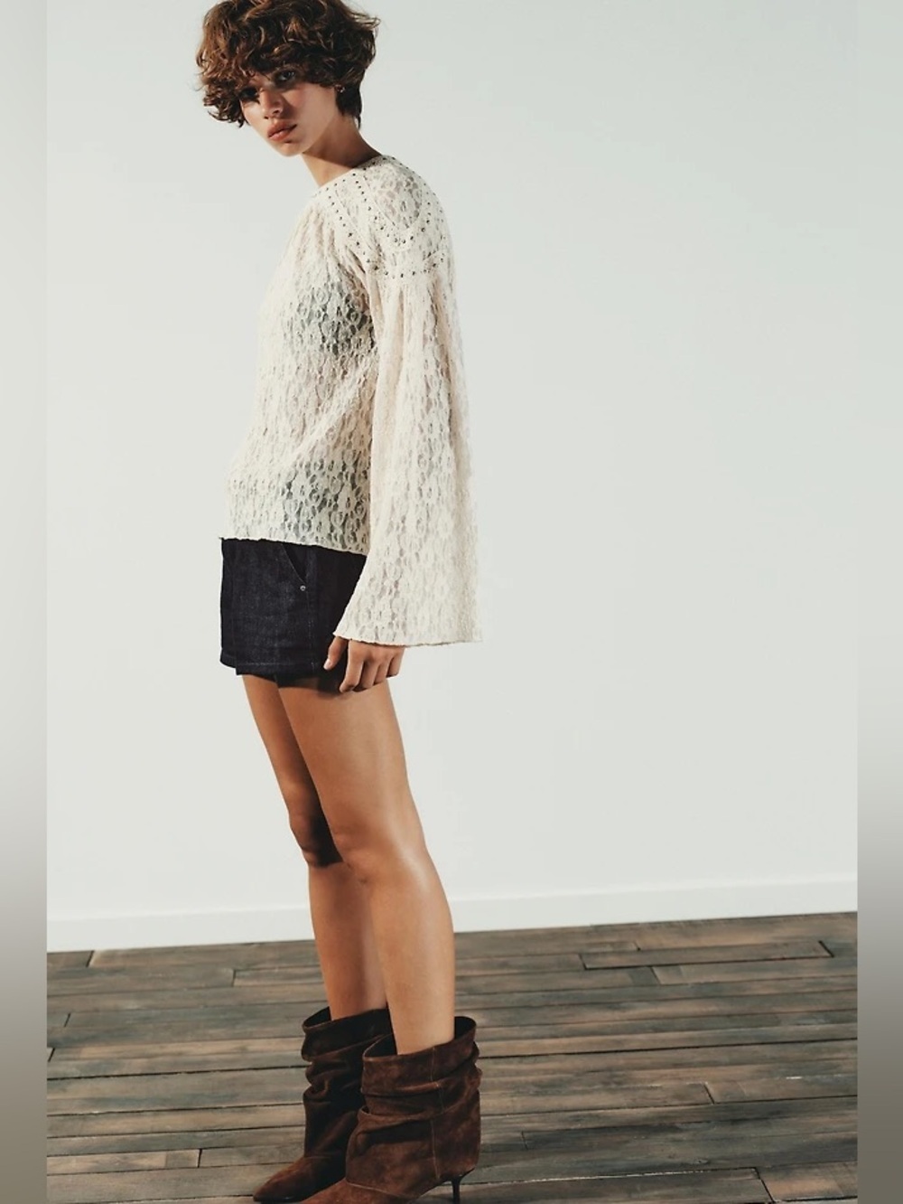Zara Cream Lace Long-Sleeve Top with Embellished Size M NWT